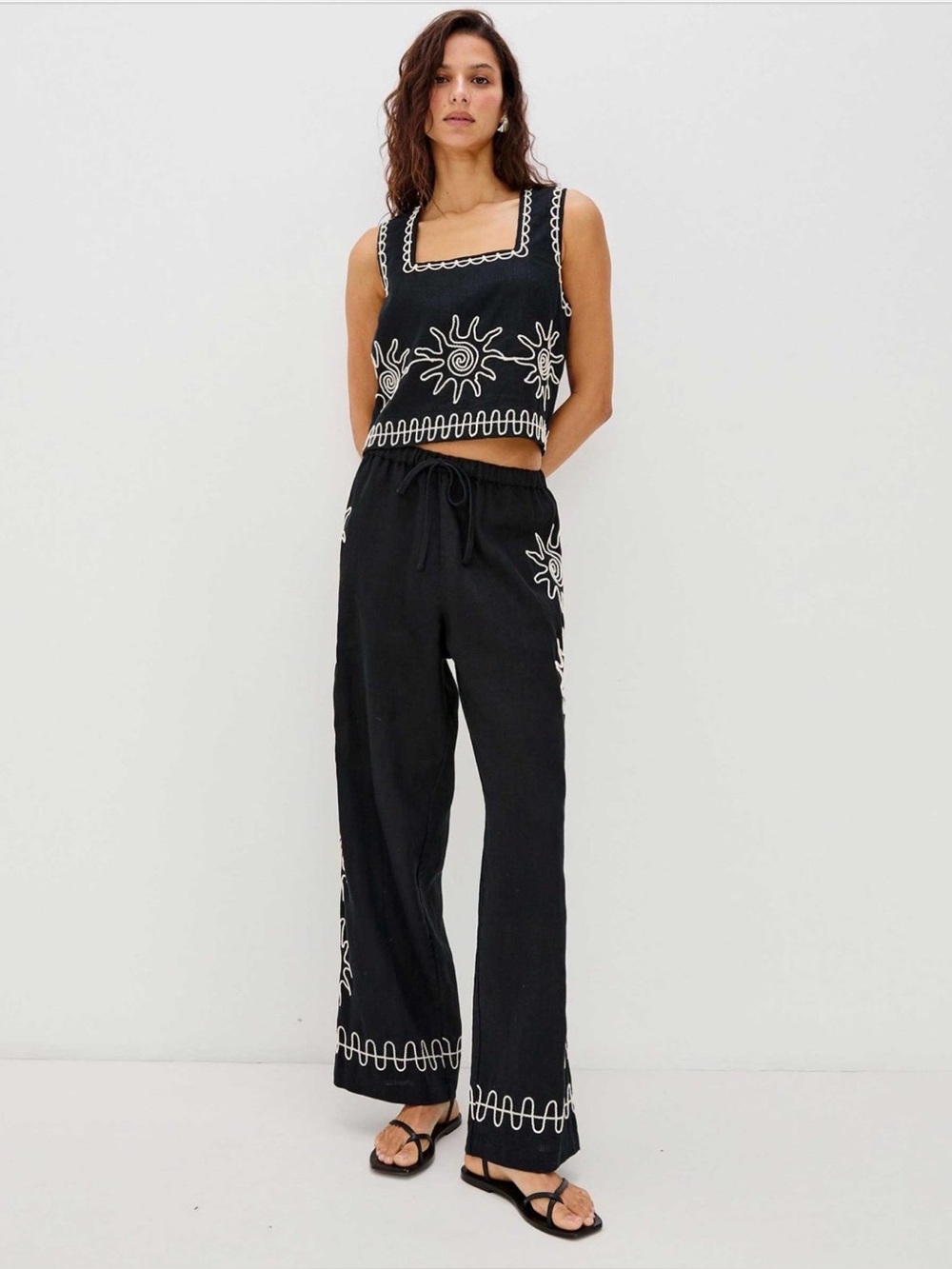 Rachel Zoe Farm Xs Anthropologie Rio Linen Black Embroidered Two-Piece Set